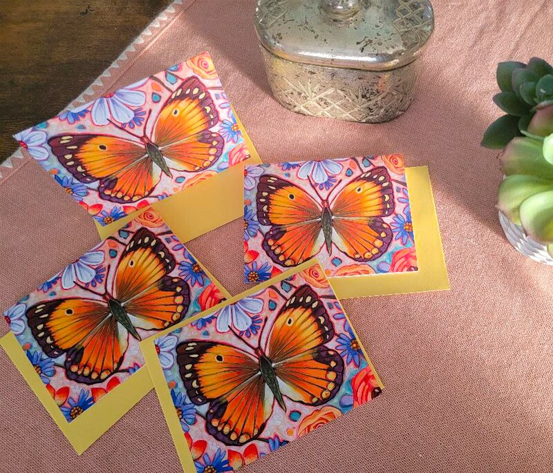 Set Of 4 A2 Taking Flight Golden Butterfly Art Blank Note Cards with Matching Envelopes